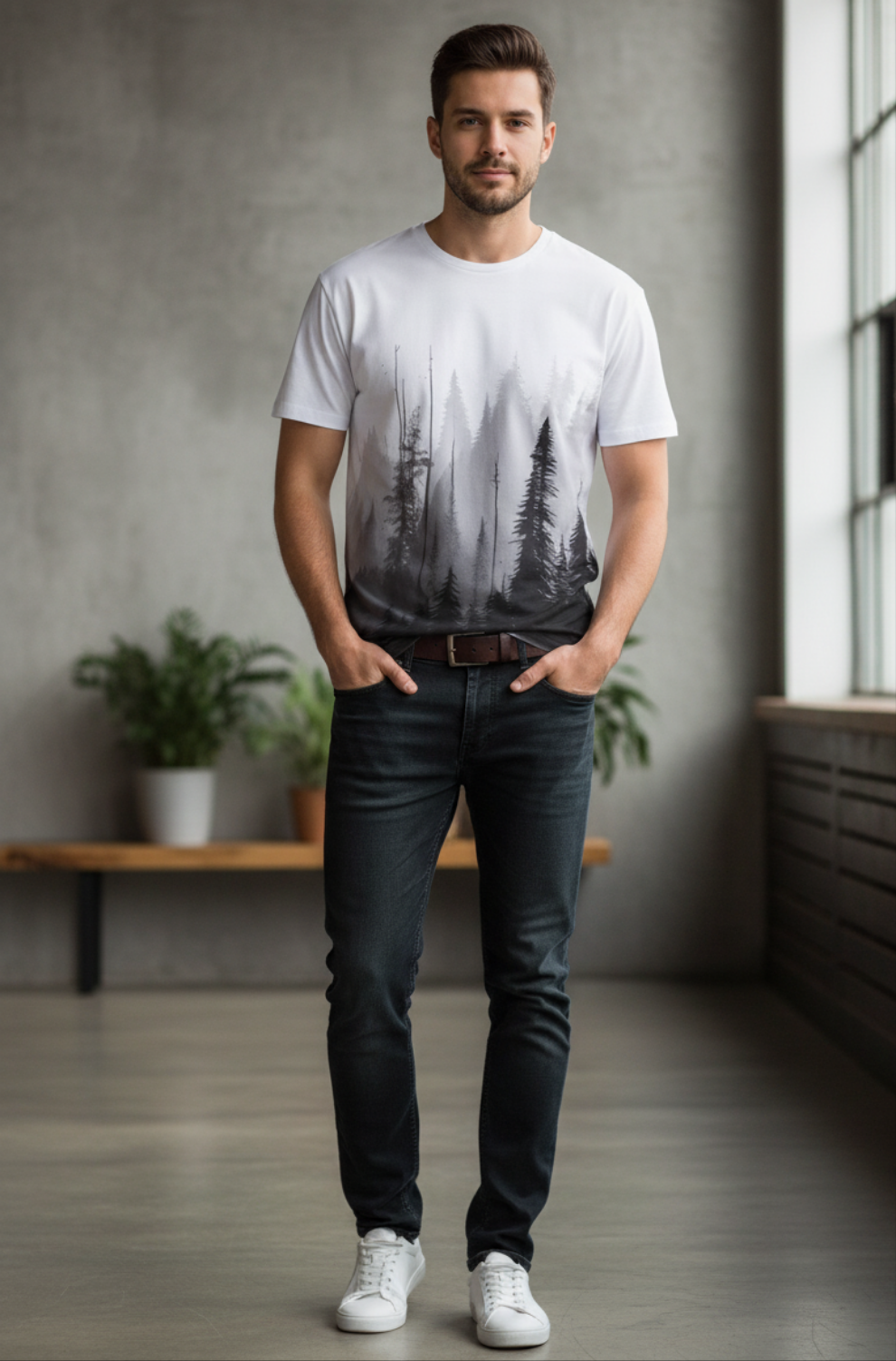 Solid white tshirt printed woodland tress