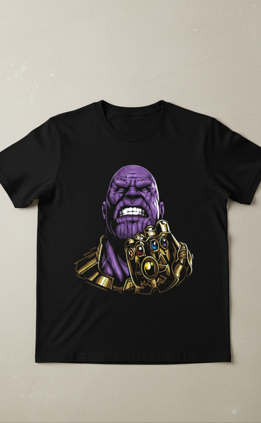 Solid black printed tshirt Thanos wear gauntlet