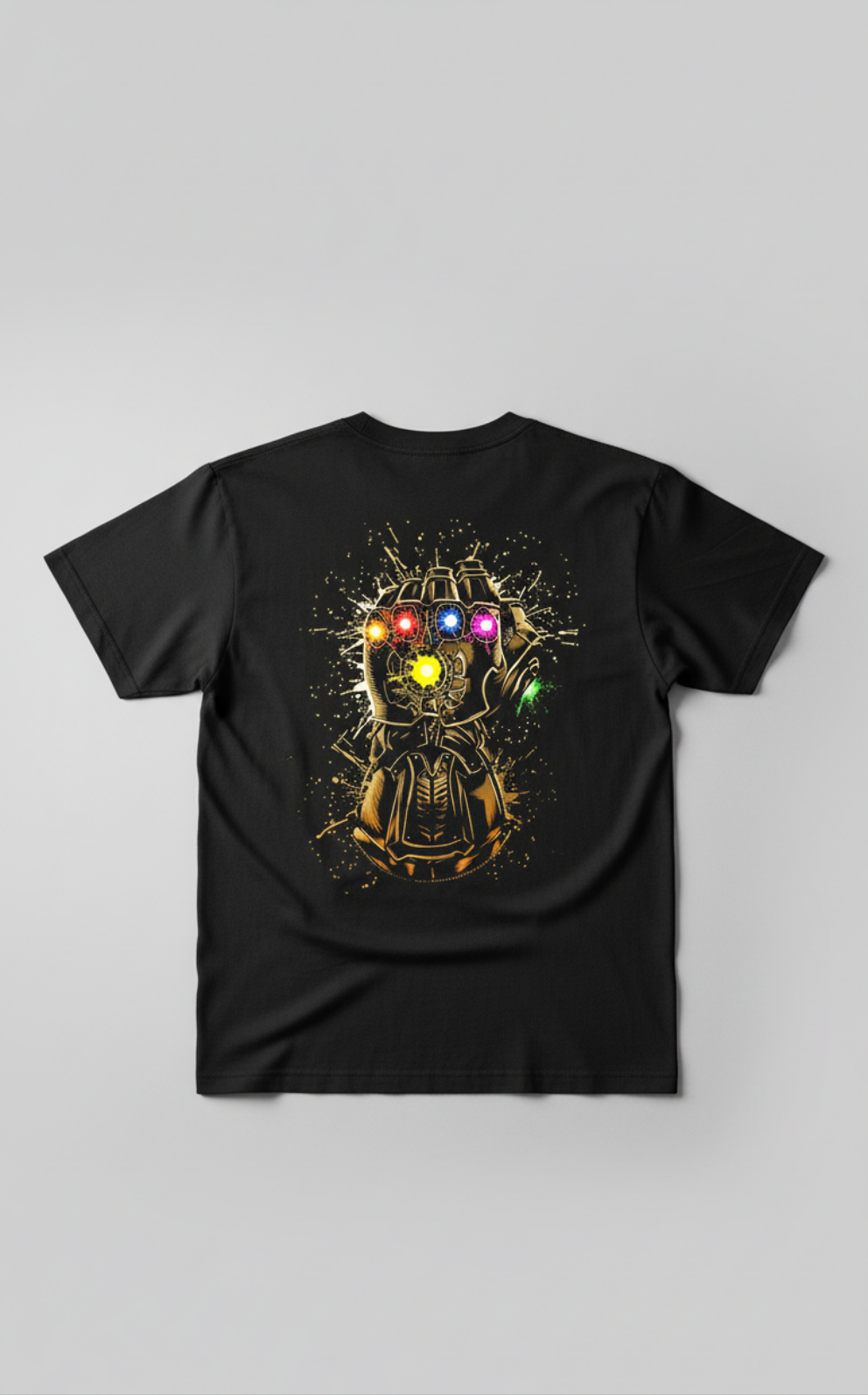 Solid black printed tshirt Thanos wear gauntlet