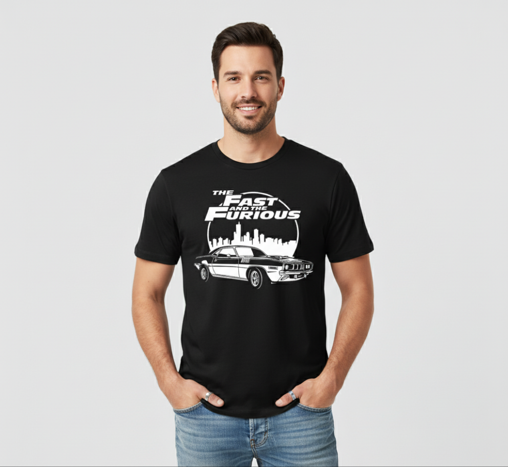 Solid black printed tshirt fast and furious car lovers