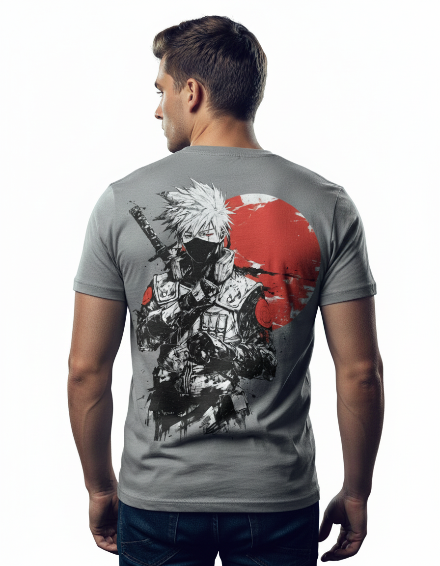 Solid grey colour tshirt printed sharingan kakashi famous anime character