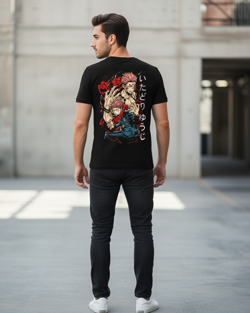 Solid black tshirt A stylized, serious-looking image of Satoru Gojo with his signature white hair and sunglasses.