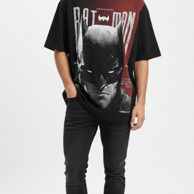 Solid black oversized t shirt printed famous DC universe character batman