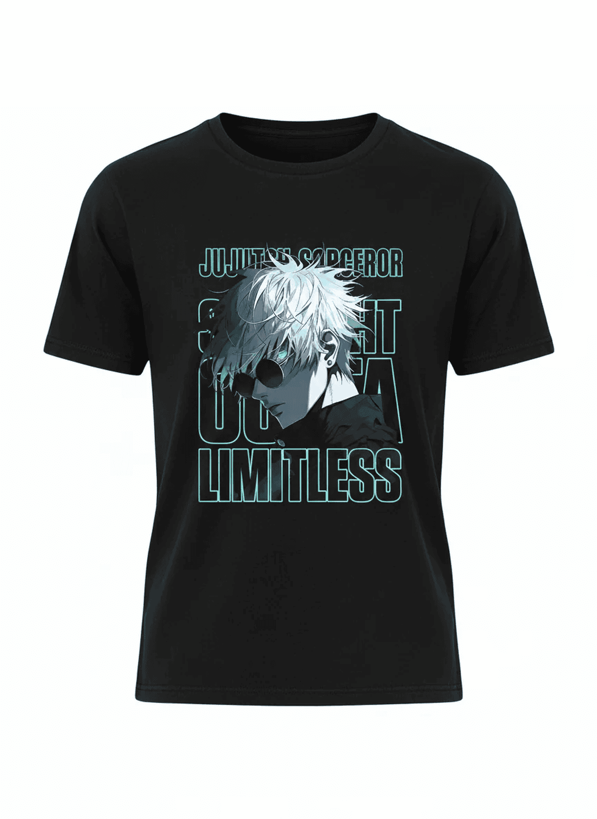 Solid black tshirt A stylized, serious-looking image of Satoru Gojo with his signature white hair and sunglasses.