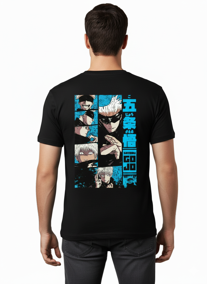 Solid black tshirt printed famous anime character gojo saturo