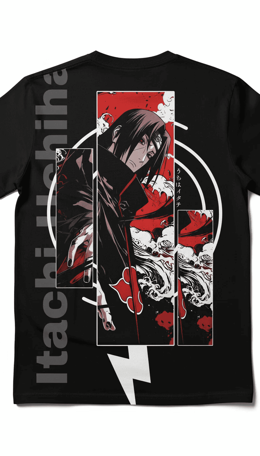 Solid black tshirt printed Itachi Uchiha is depicted in his signature Akatsuki cloak.