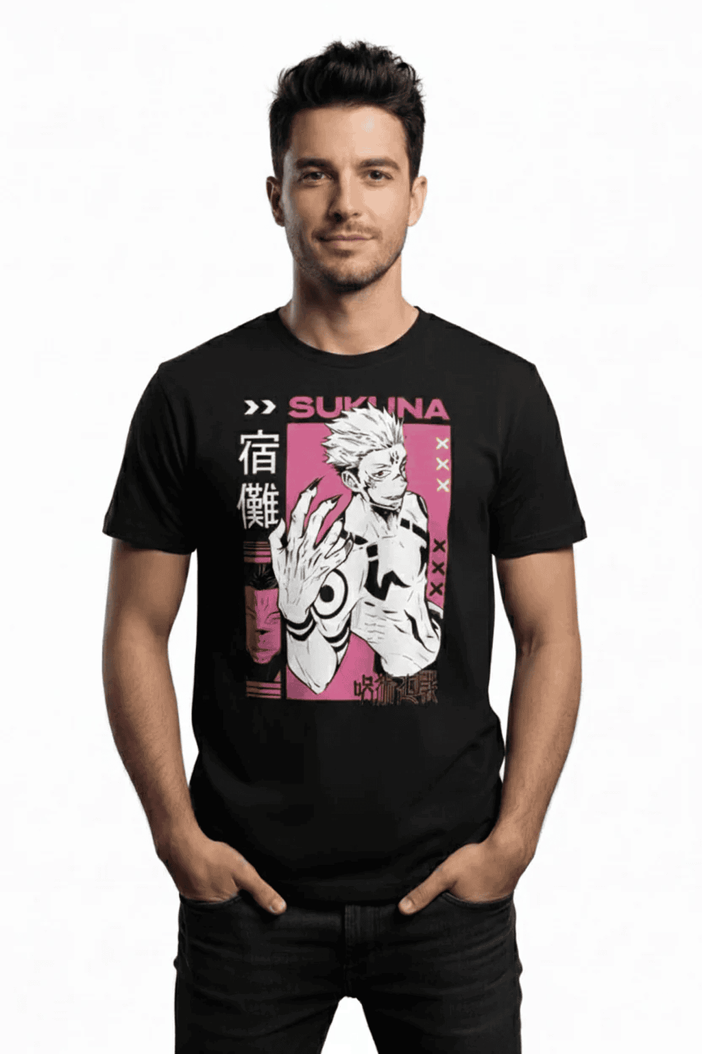 Solid black tshirt printed sukuna famous anime character
