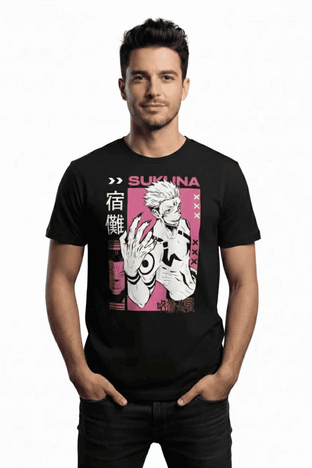 Solid black tshirt printed sukuna famous anime character