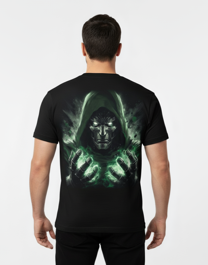 Solid black tshirt printed dr doom owner of universe magic