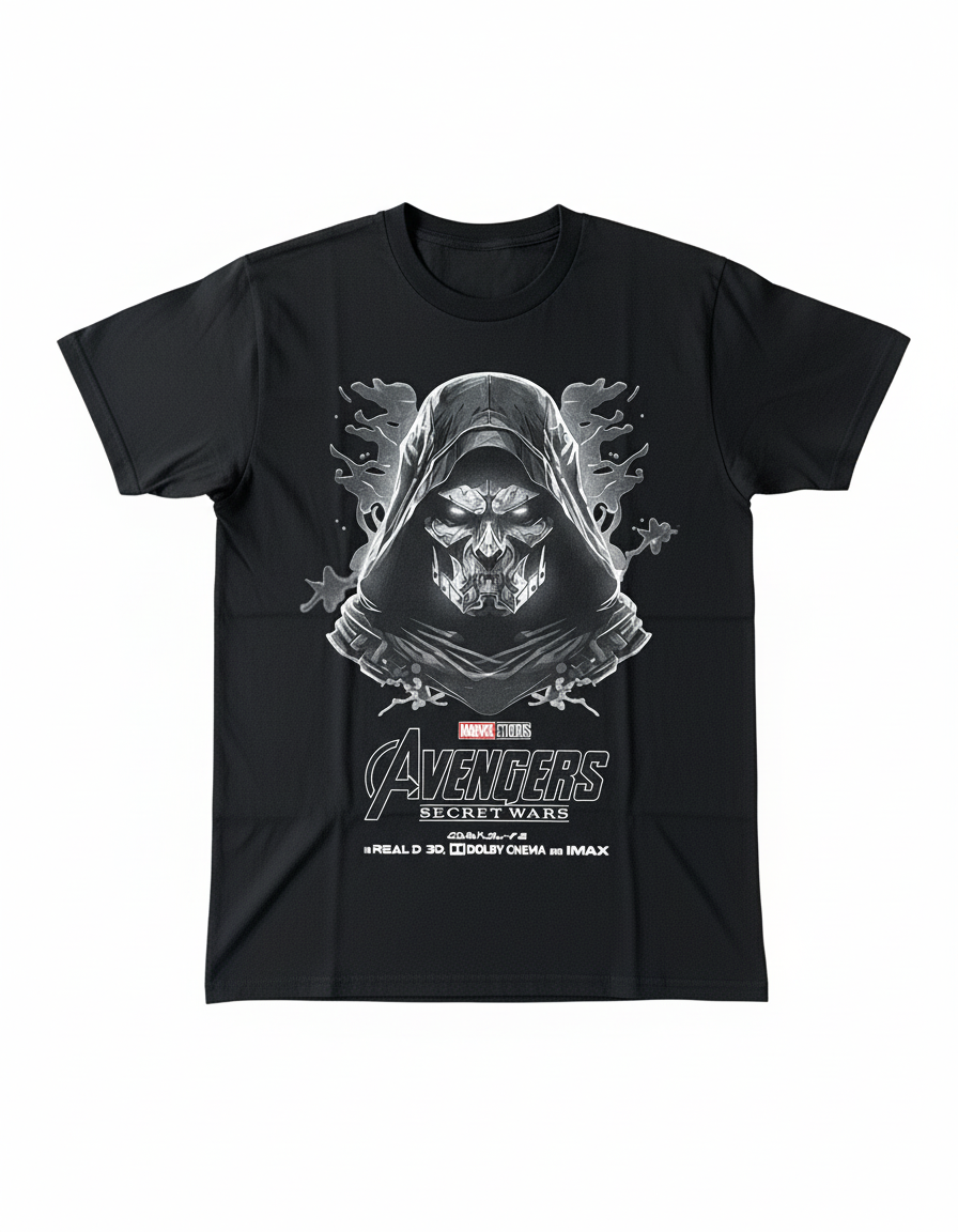 Solid black tshirt printed dr doom owner of universe magic