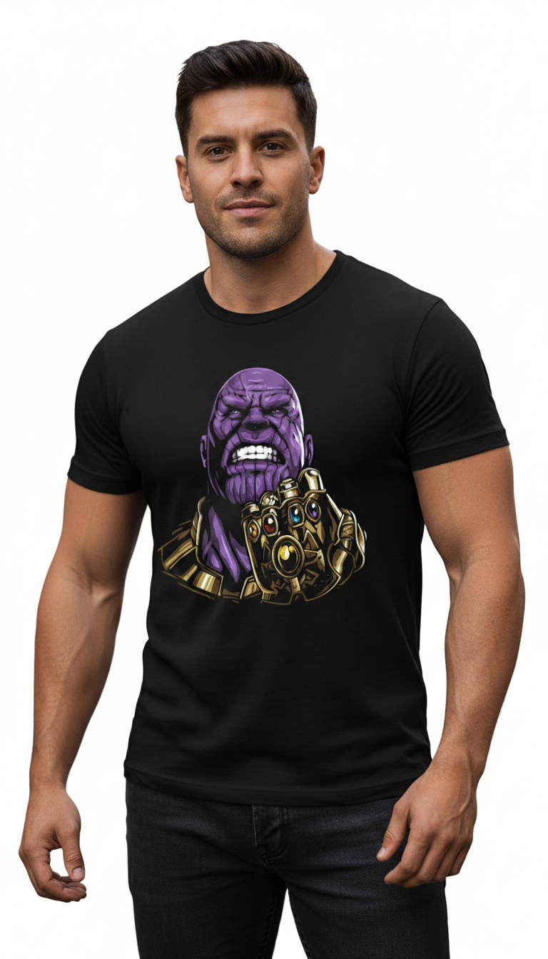 Solid black printed tshirt Thanos wear gauntlet