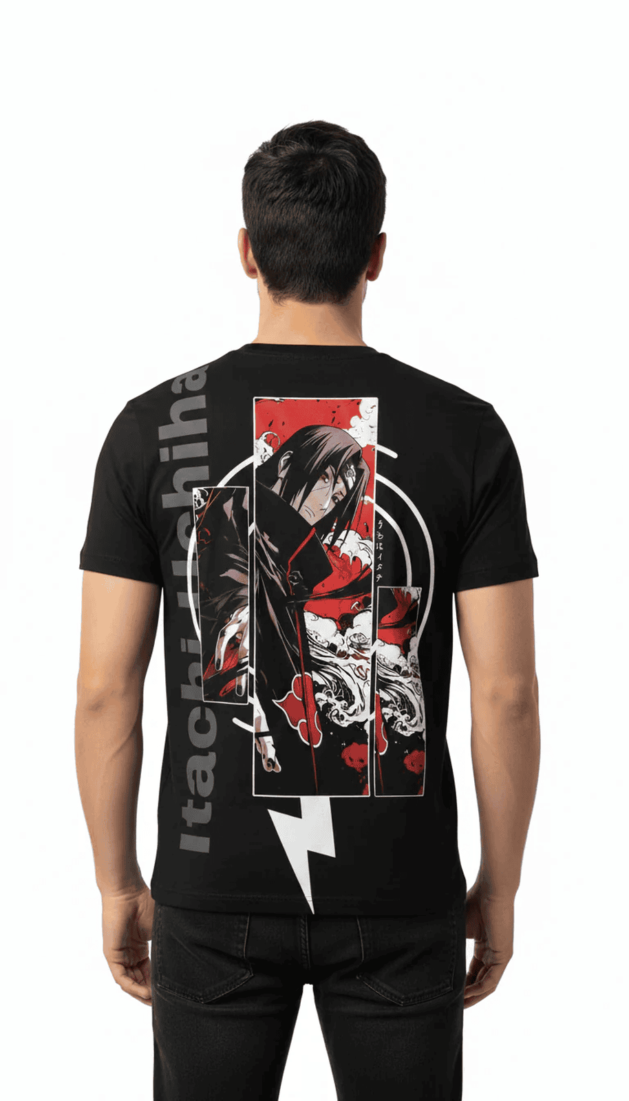 Solid black tshirt printed Itachi Uchiha is depicted in his signature Akatsuki cloak.