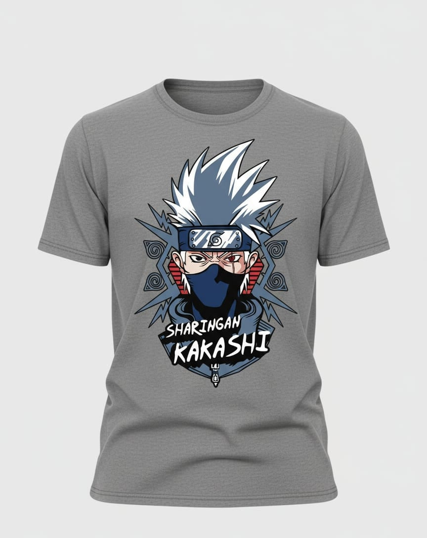 Solid grey colour tshirt printed sharingan kakashi famous anime character