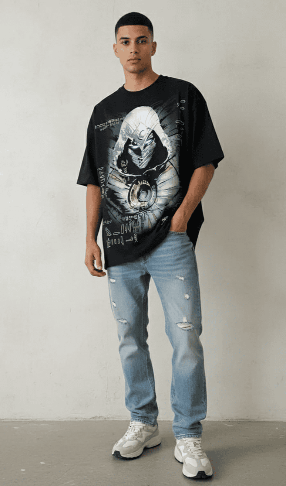 Solid black oversized tshirt printed marvel character moon knight
