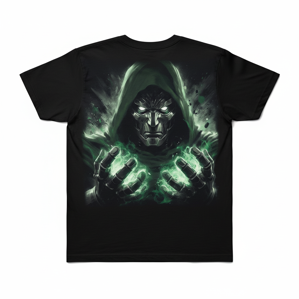 Solid black tshirt printed dr doom owner of universe magic