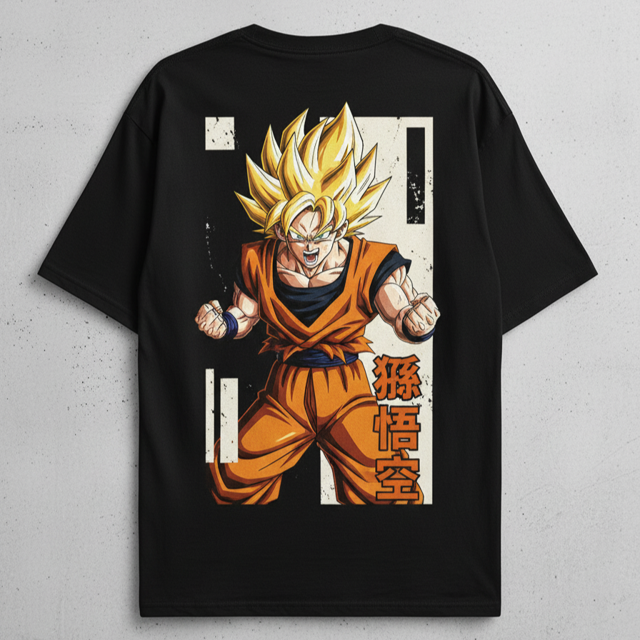 Solid black oversized tshirt printed famous anime character goku