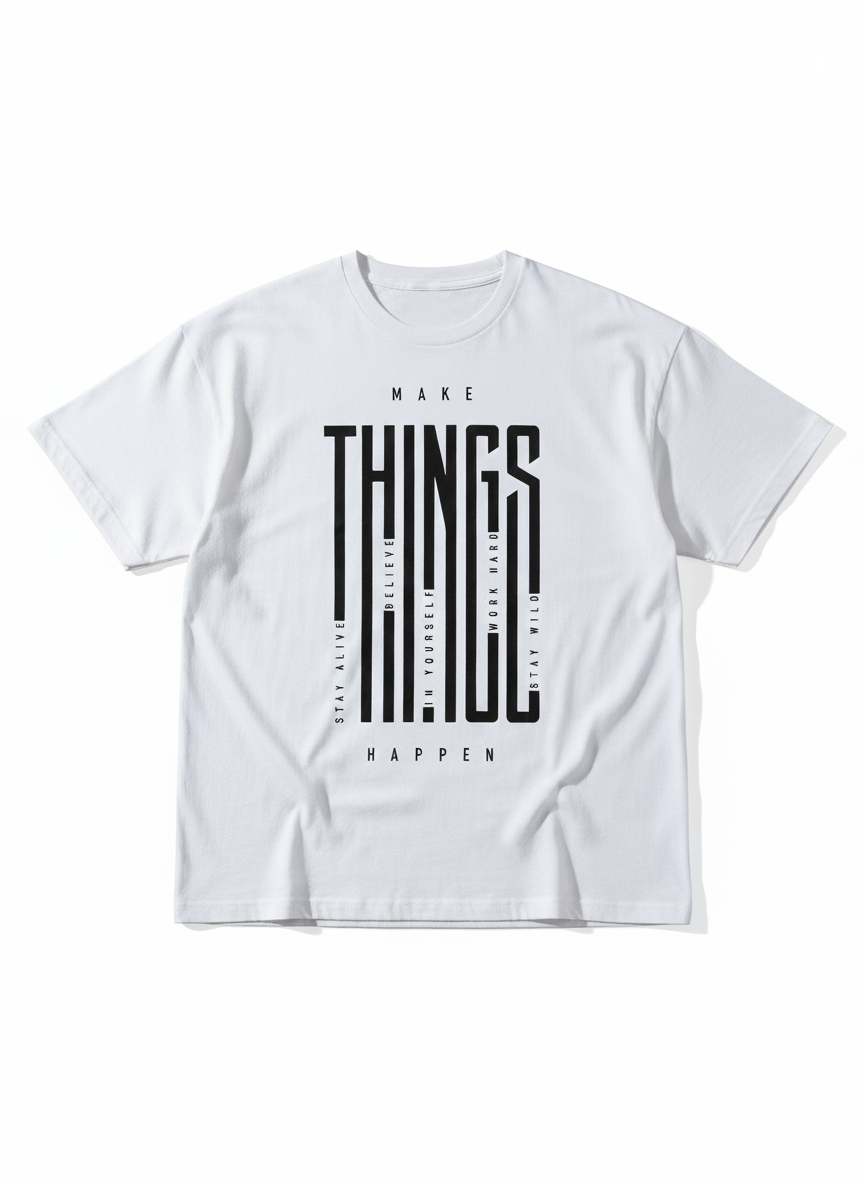 Solid white oversized tshirt printed make things happen