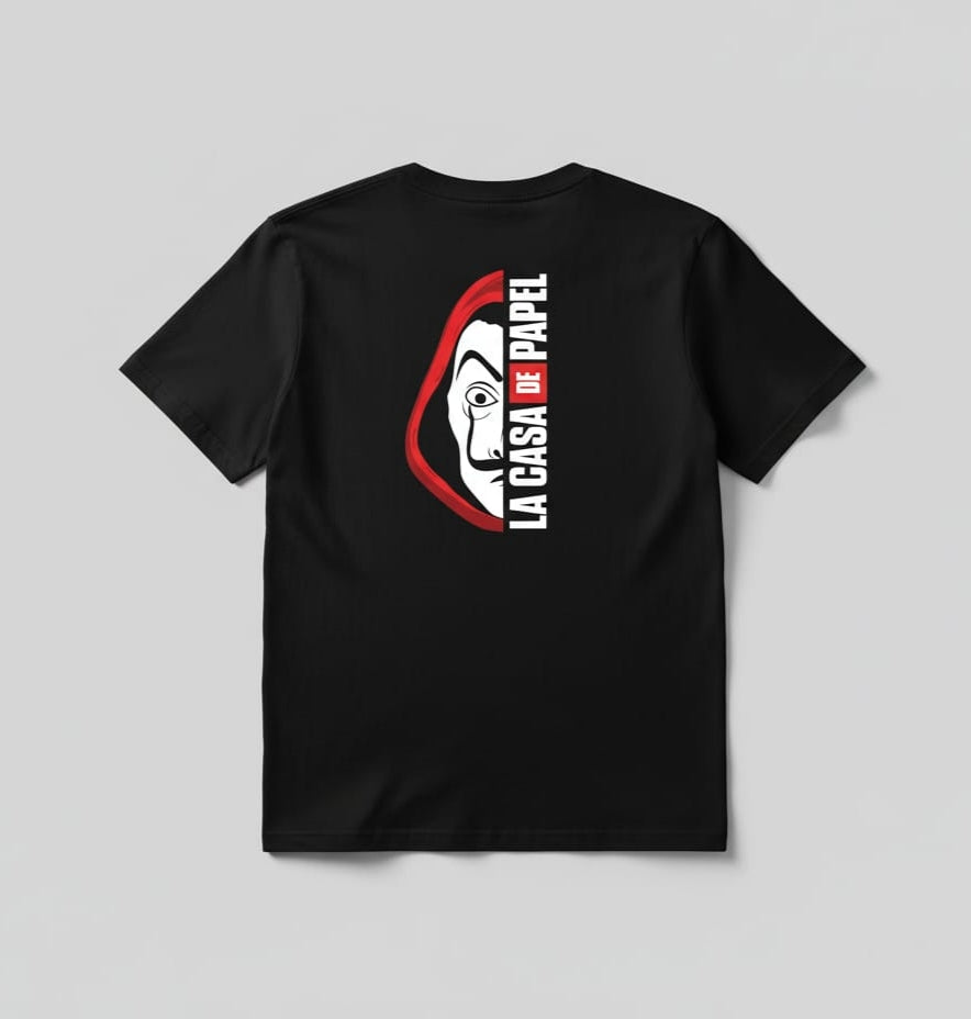 Solid black tshirt printed money heist lacasa de papel and money heist character