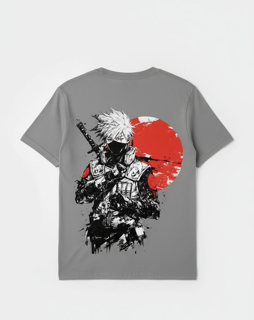 Solid grey colour tshirt printed sharingan kakashi famous anime character