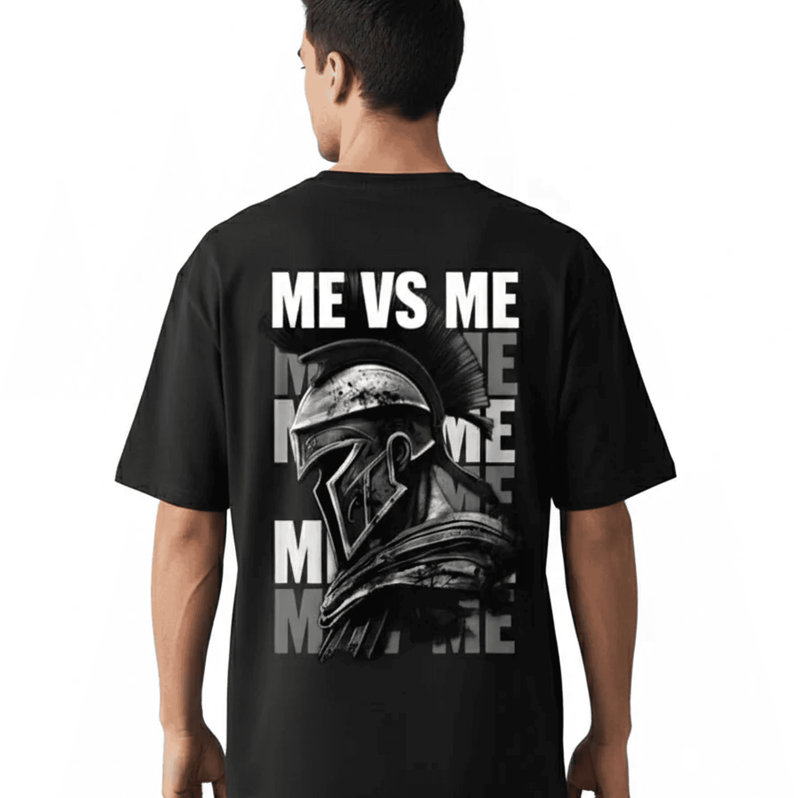 Solid black oversized t shirt printed why not me and back side print me vs me