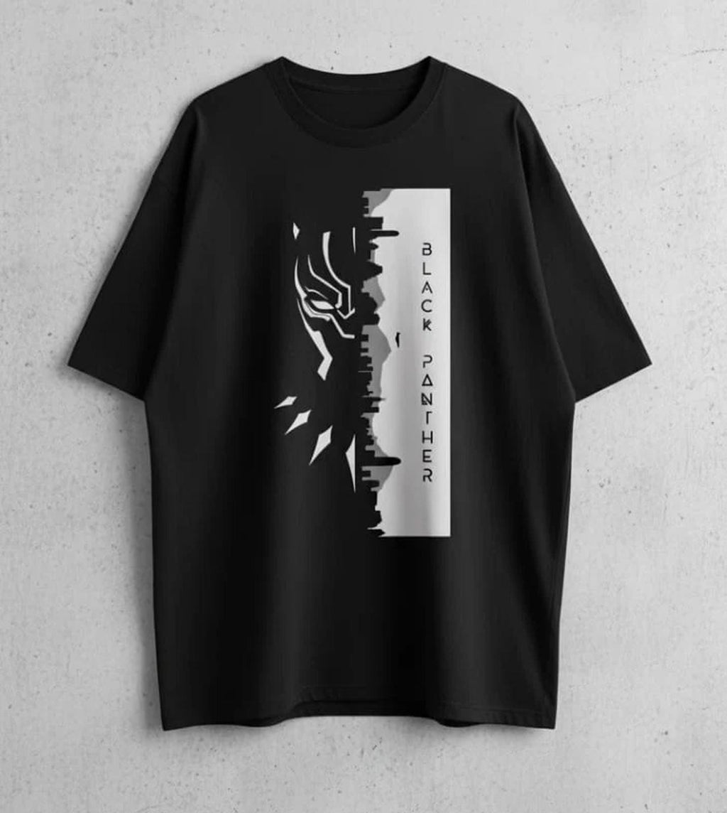 Solid black oversized t shirt printed famous marvel character black Panther