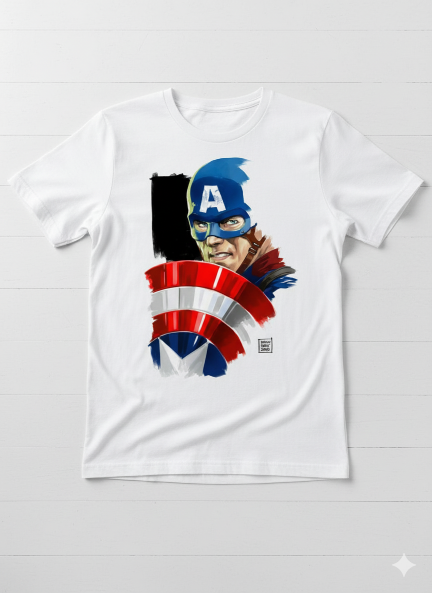 Solid white print t shirt captain america shield