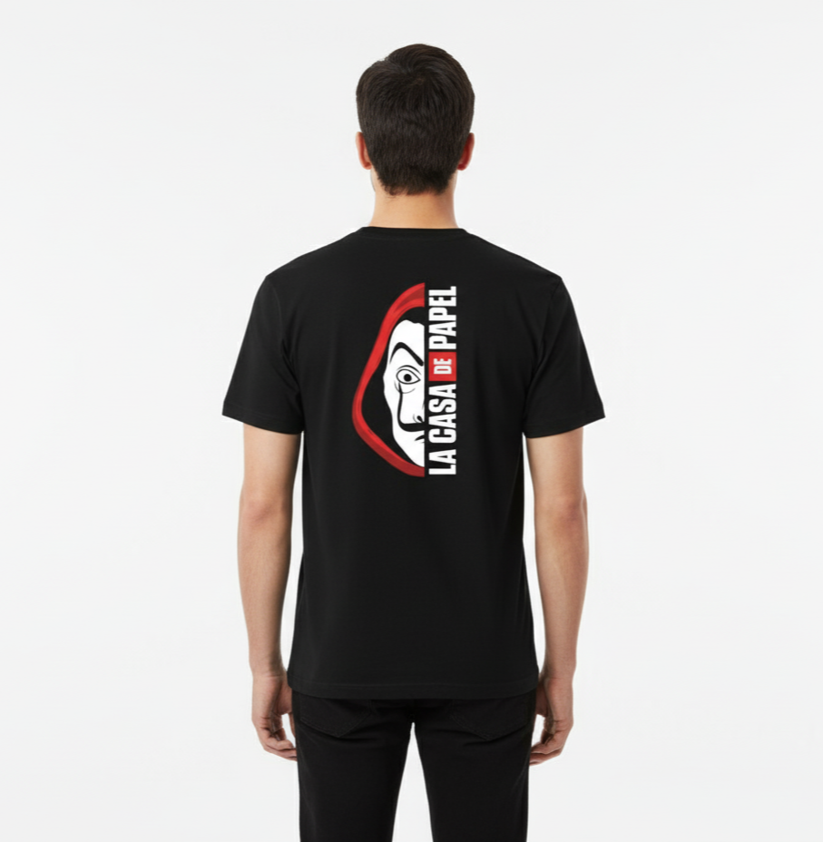 Solid black tshirt printed money heist lacasa de papel and money heist character
