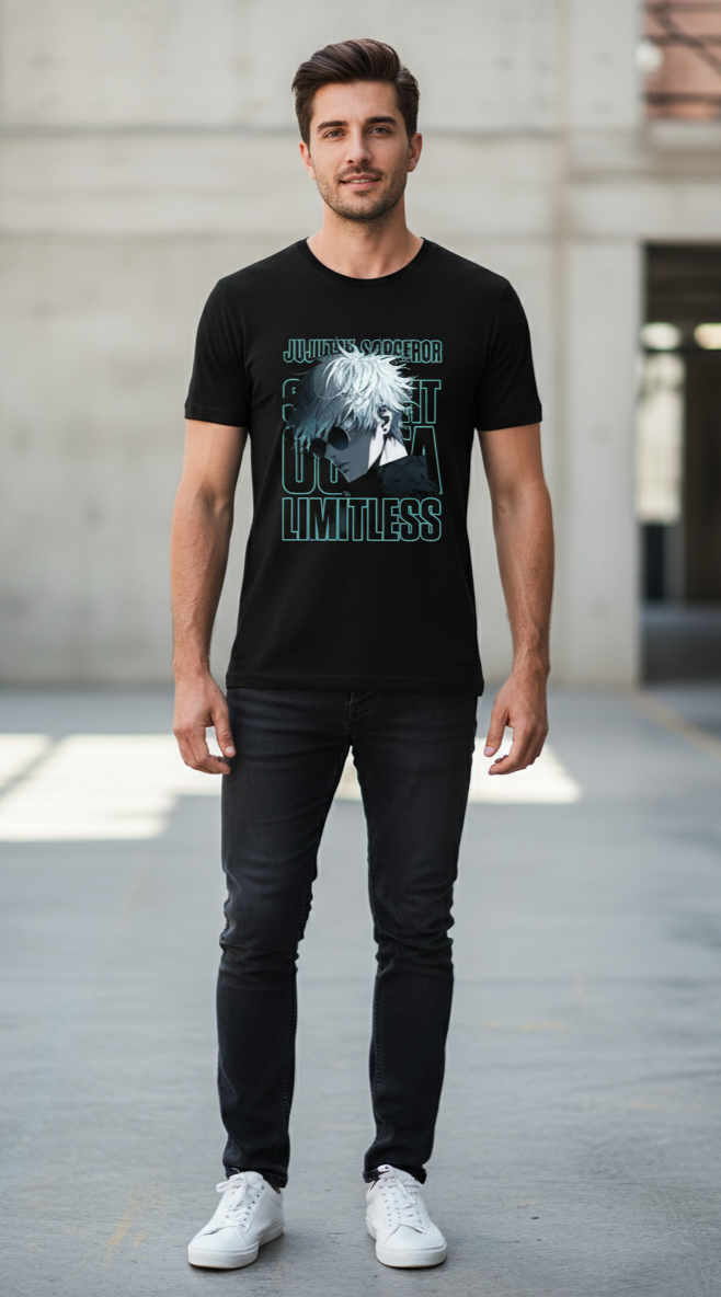 Solid black tshirt A stylized, serious-looking image of Satoru Gojo with his signature white hair and sunglasses.