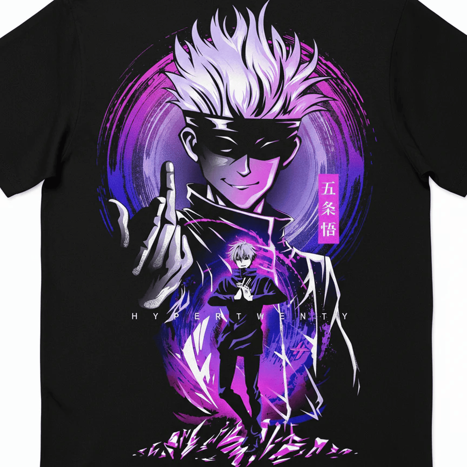Solid black tshirt printed famous anime character gojo saturo with white hair