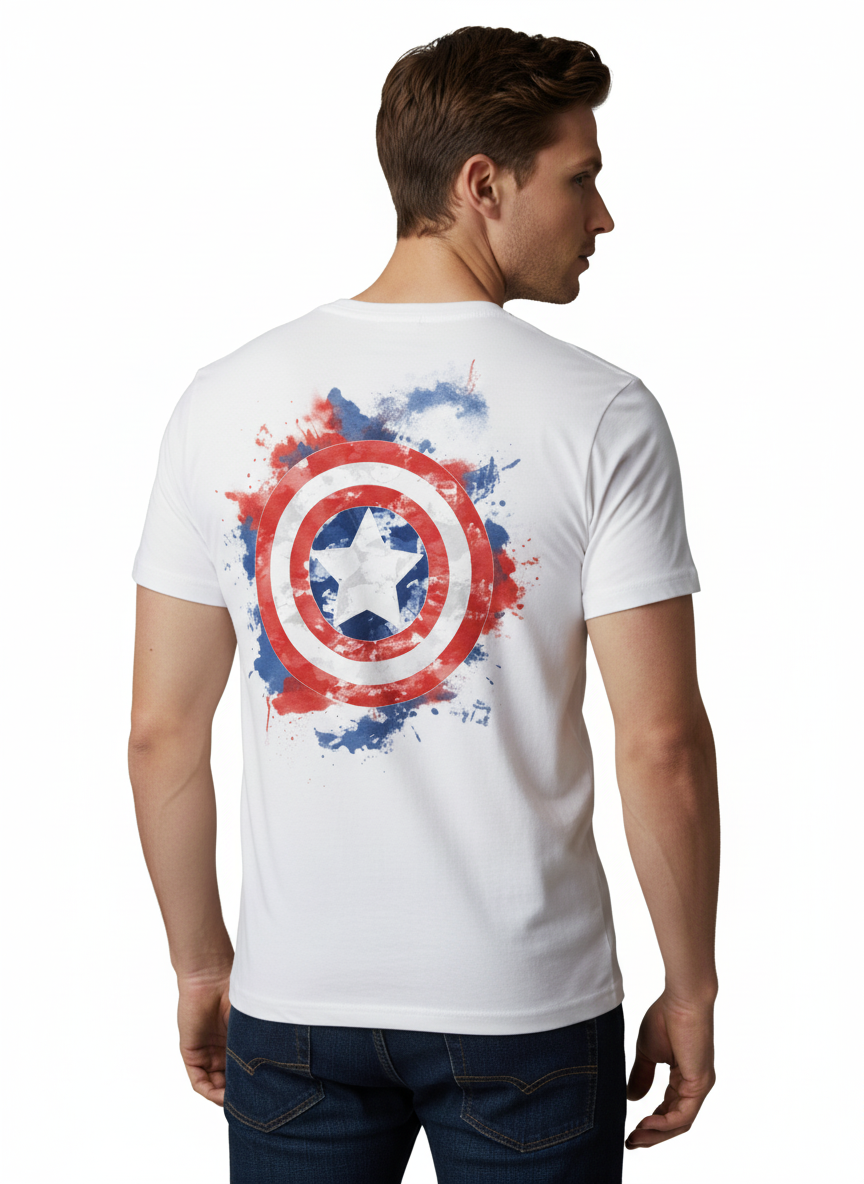 Solid white print t shirt based on captain america