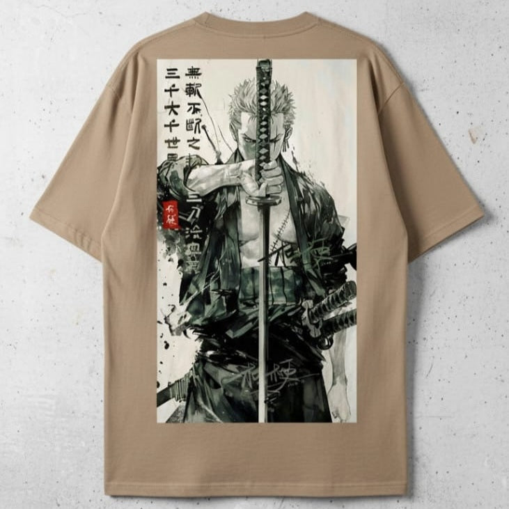 Solid tan/beige colour oversized tshirt printed famous anime character Roronoa zoro
