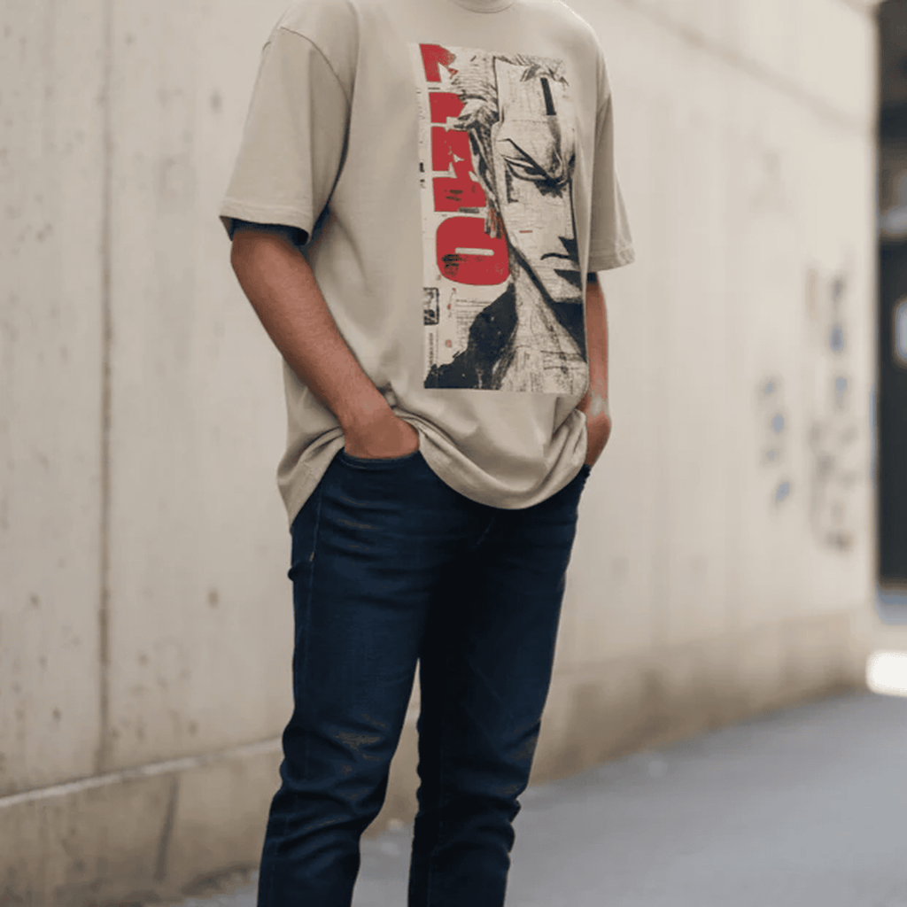 Solid tan/beige colour oversized tshirt printed famous anime character Roronoa zoro