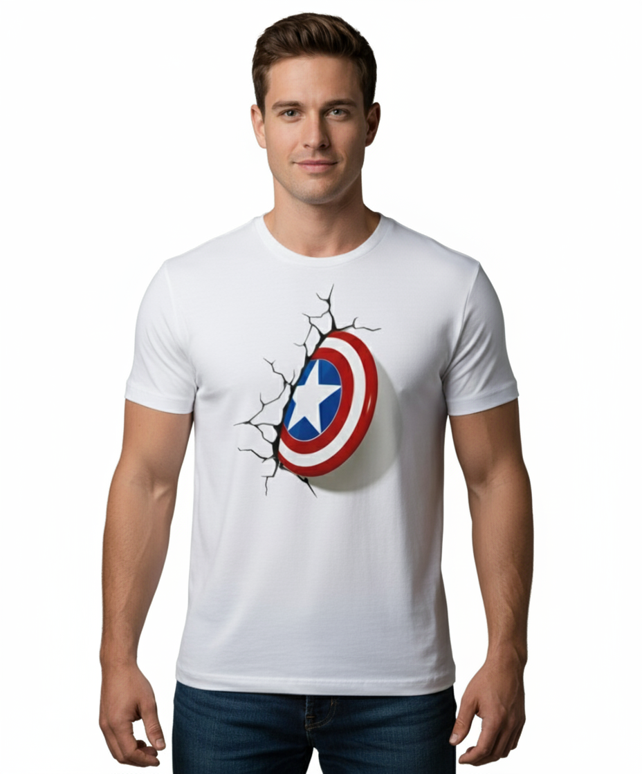 Solid white print t shirt based on captain america