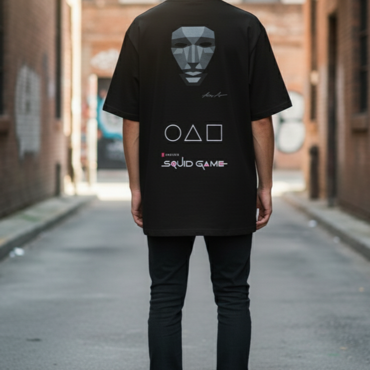 Solid black colour oversized tshirt printed squid game logo