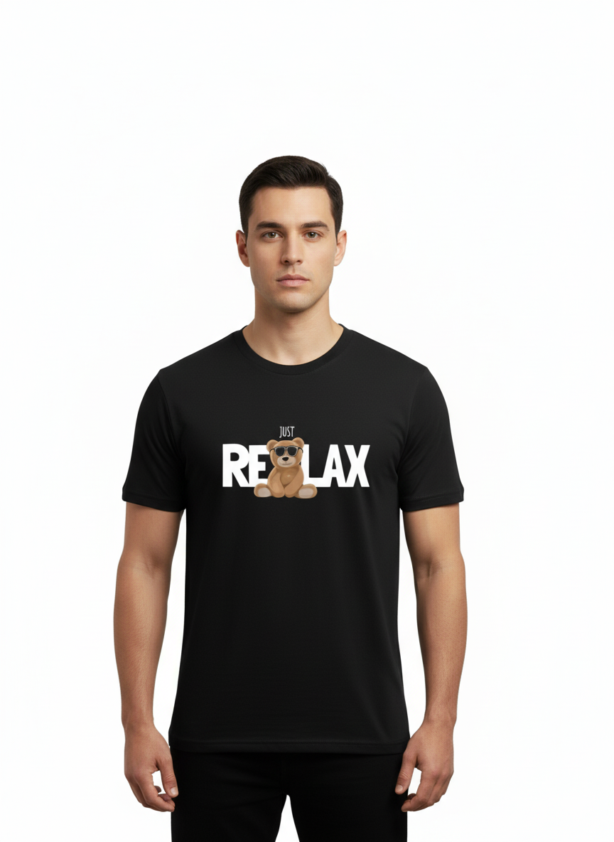 Solid black tshirt printed just relax 🧸