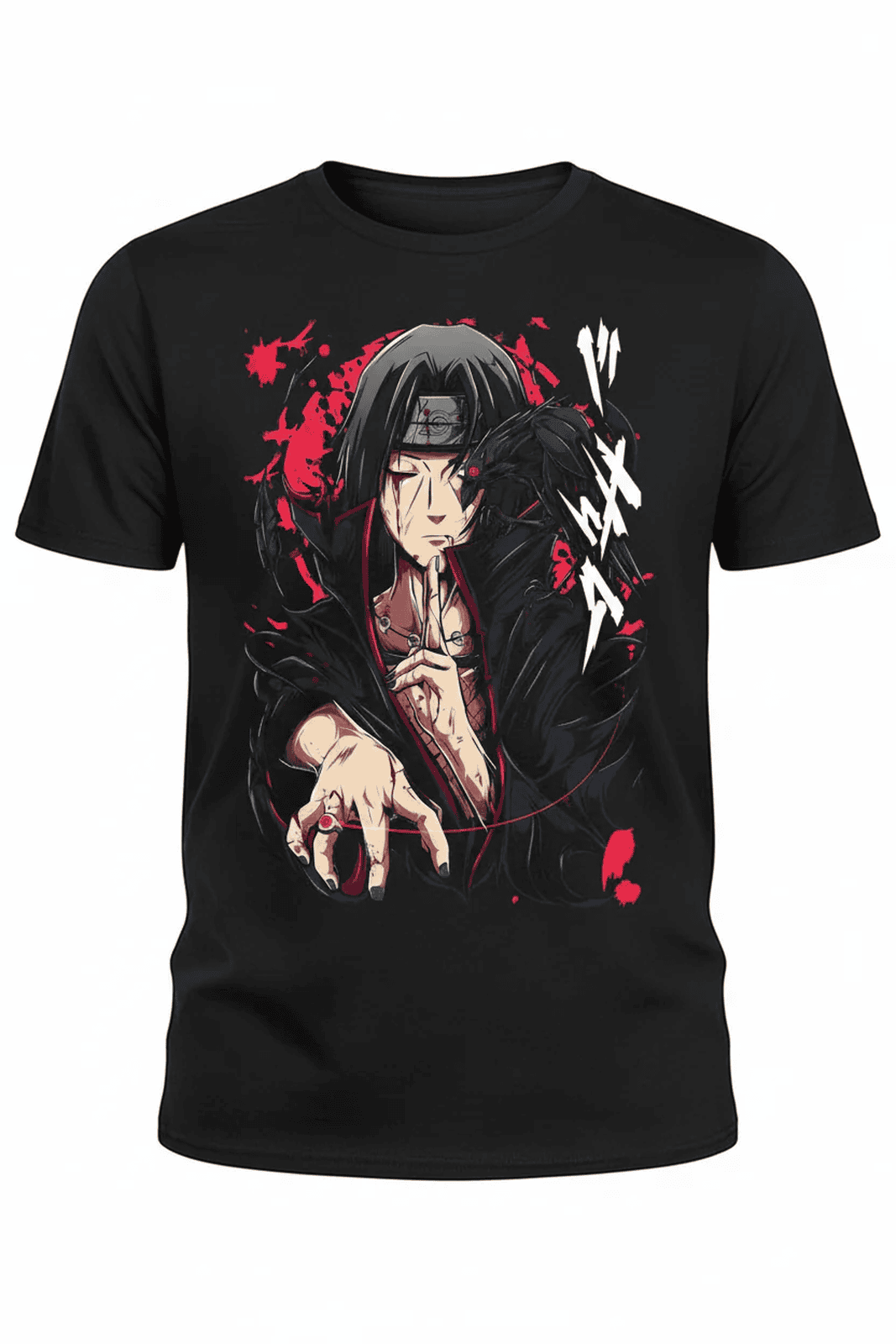 Solid black tshirt printed Itachi Uchiha is depicted in his signature Akatsuki cloak.