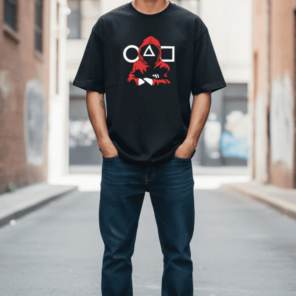 Solid black colour oversized tshirt printed squid game logo