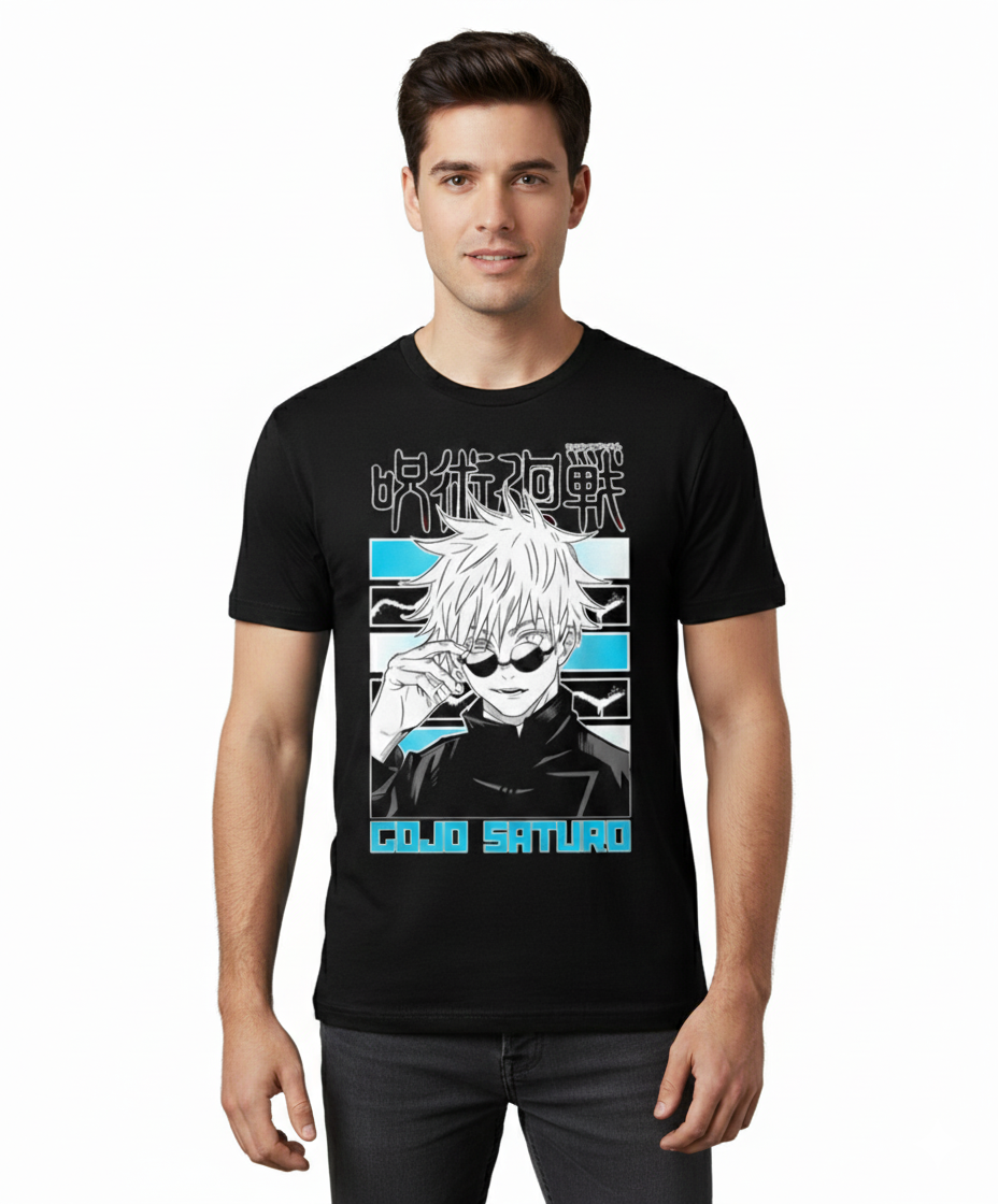 Solid black tshirt printed famous anime character gojo saturo