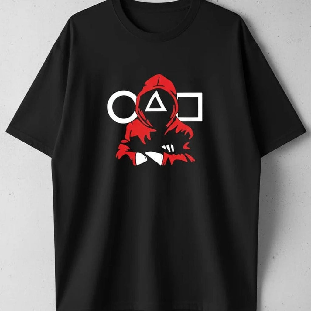 Solid black colour oversized tshirt printed squid game logo