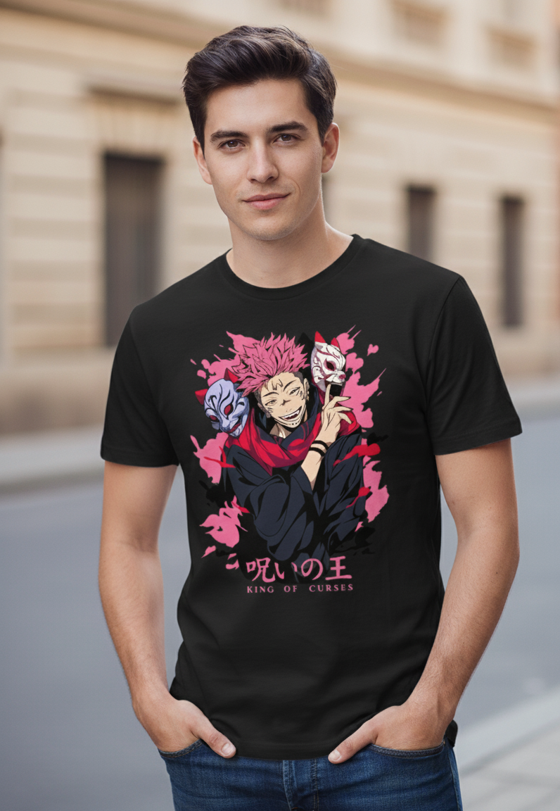Solid black tshirt printed famous anime series character jujutsu kaisen