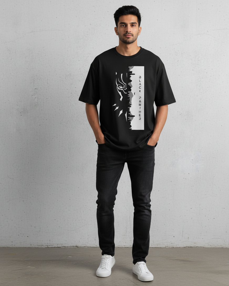 Solid black oversized t shirt printed famous marvel character black Panther