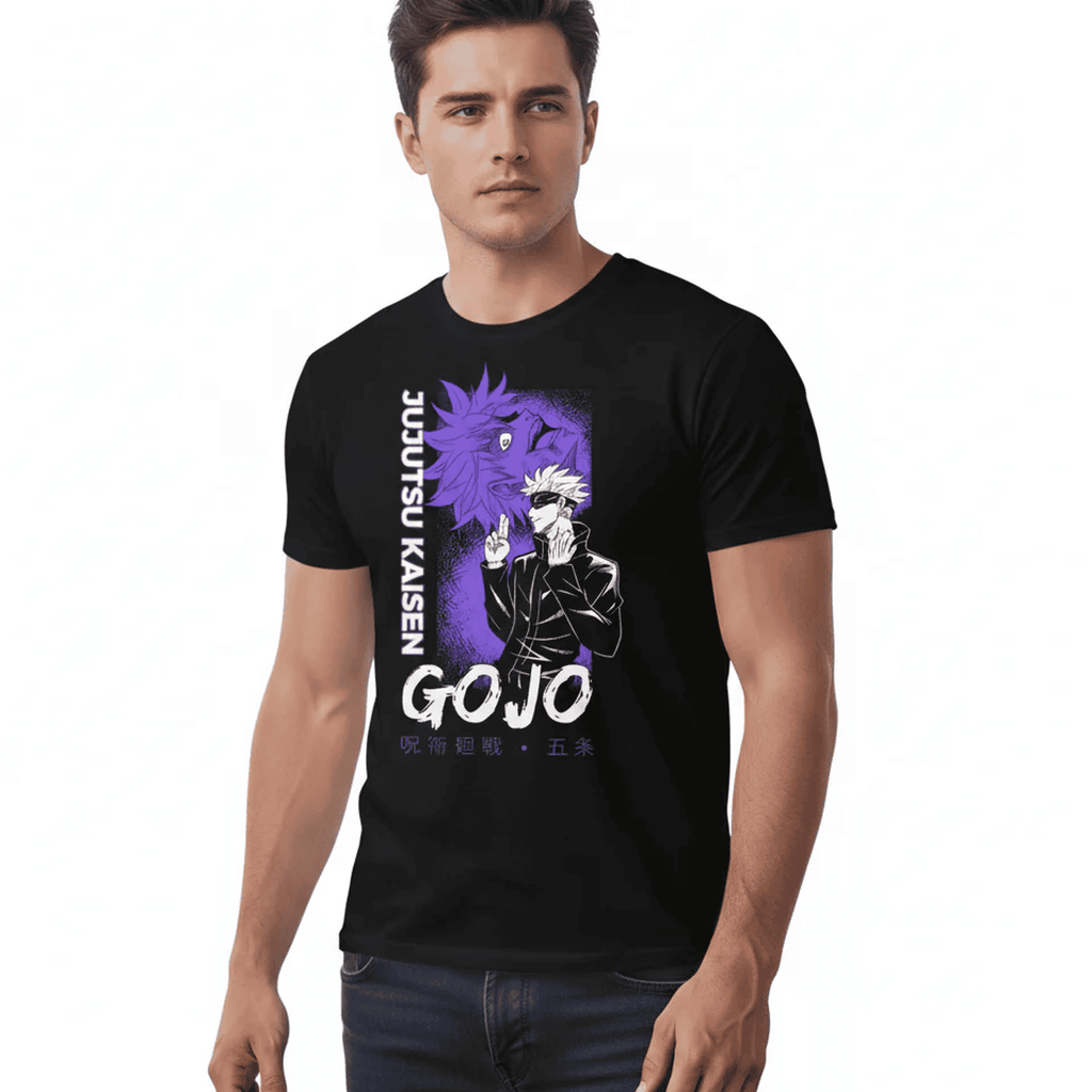 Solid black tshirt printed famous anime character gojo saturo with white hair