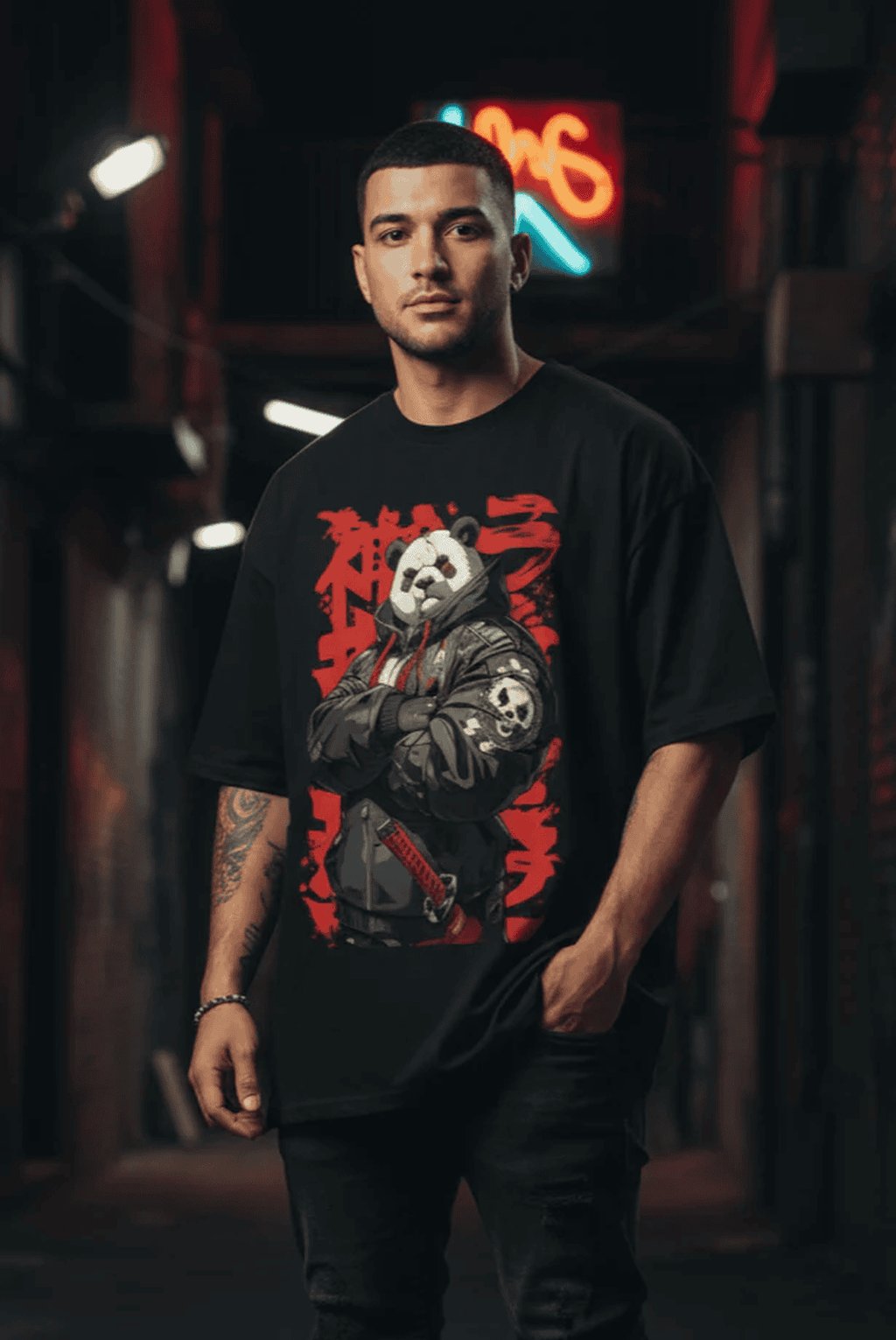 Solid black oversized tshirt printed kung fu panda