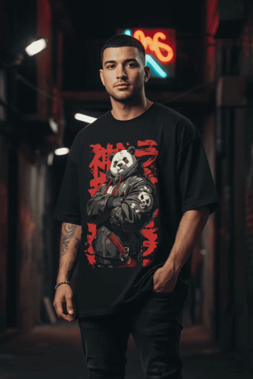 Solid black oversized tshirt printed kung fu panda
