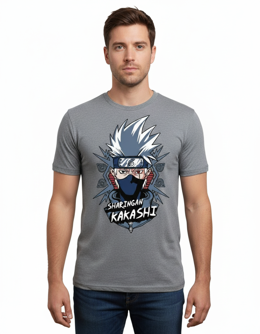 Solid grey colour tshirt printed sharingan kakashi famous anime character