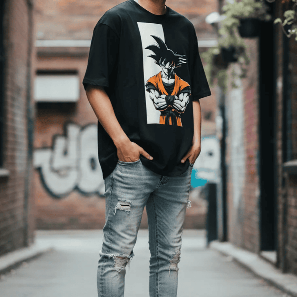 Solid black oversized tshirt printed famous anime character goku