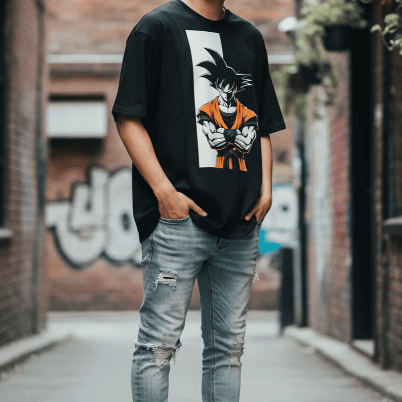 Solid black oversized tshirt printed famous anime character goku