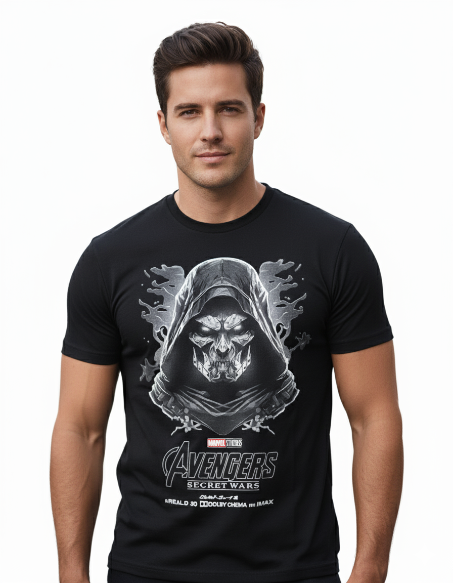 Solid black tshirt printed dr doom owner of universe magic