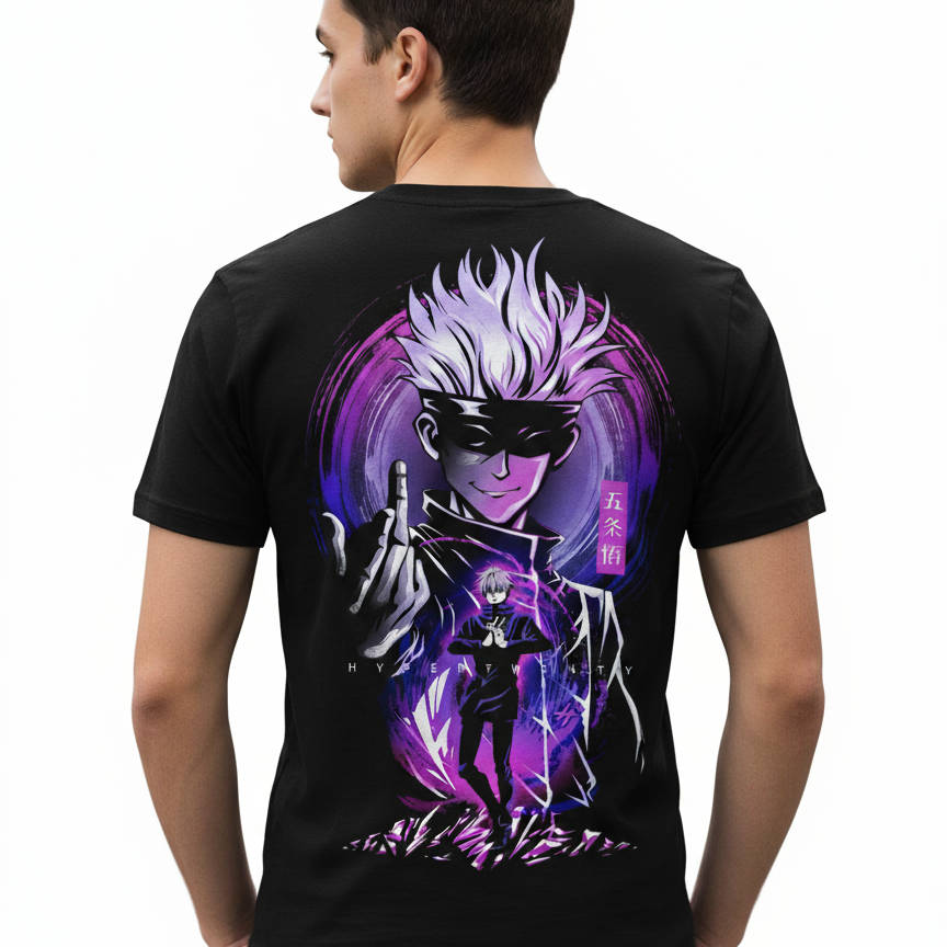 Solid black tshirt printed famous anime character gojo saturo with white hair
