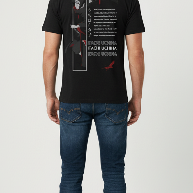 Solid black tshirt printed Itachi Uchiha is depicted in his signature Akatsuki cloak